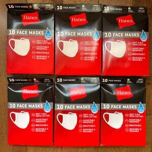 Hanes White Face Masks 100% Cotton Fabric Washable & Reusable, 6 Pack of 10 -NEW